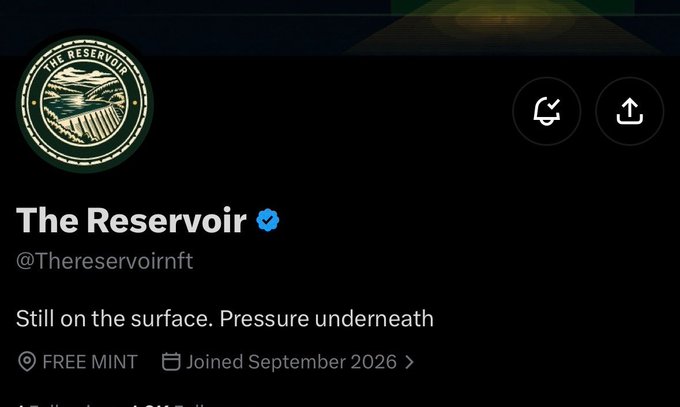 An X/Twitter profile page for "The Reservoir" (@Thereservoirnft) with a verified badge, displaying the tagline "Still on the surface. Pressure underneath" and noting it's a FREE MINT with a September 2026 join date.