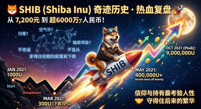 A poster for SHIB (Shiba Inu) is displayed, showing a Shiba Inu riding a rocket ship with Chinese characters representing numbers such as "7200", "60000", and "9900000U". The poster also includes information about the Shiba Inu coin and its value of 100 units. Additionally, there are several other coins featured on this foreign coin promotion page. A message related to cryptocurrency is shown at the bottom of the poster.