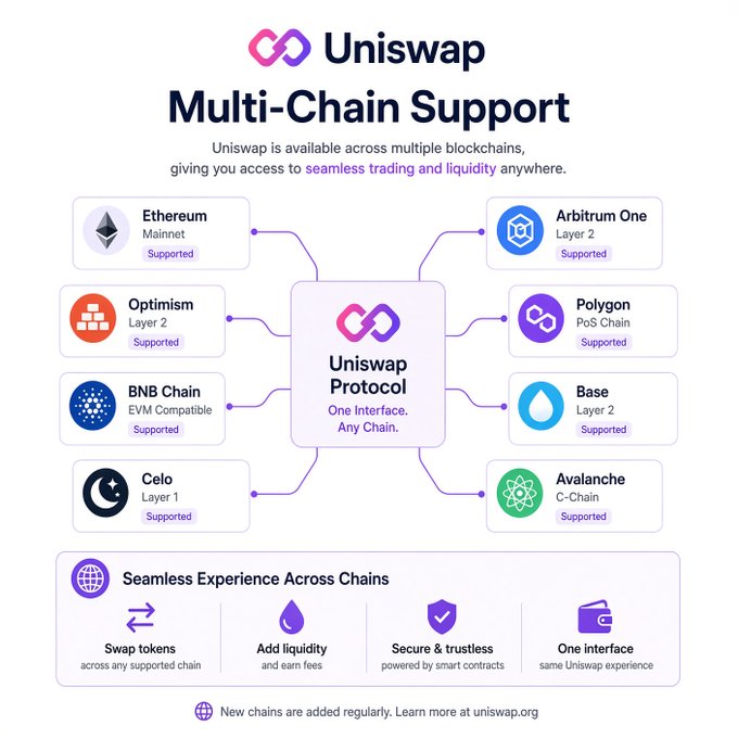 An infographic showing Uniswap's Multi-Chain Support across various blockchains including Ethereum, Arbitrum One, Optimism, Polygon, BNB Chain, Base, Celo, and Avalanche, highlighting features like 'Swap tokens' and 'Add liquidity'.