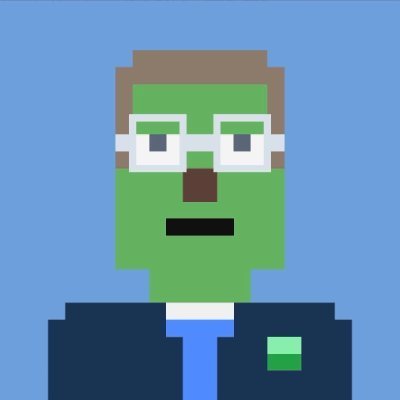 A pixel art illustration of a green-skinned character with brown hair, wearing white glasses, a dark blue suit, and a blue tie.