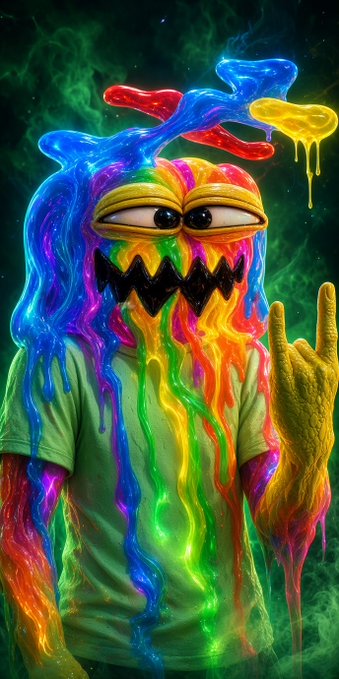 A vibrant digital painting of a monstrous figure with a dripping, multicolored rainbow substance covering its head and body, raising a hand against a green smoky background.