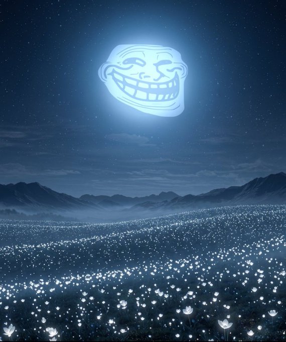 The image features a large white face with a big smile, surrounded by a field of flowers that are lit up against a dark blue sky. The background includes mountains under a starry night sky. The caption reads "Focus on what is in the image and how it relates to this post".