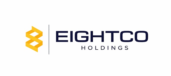 The image features a logo for eightco Holdings that includes a yellow "8" and a blue "H" symbol. The company's name is displayed below, along with a description of their portfolio, which consists of tokens from OpenAI equity, ETH, and WLD. The text in the image emphasizes the growing convergence of public markets, AI, and crypto, suggesting that eightco Holdings is at the forefront of this emerging field.