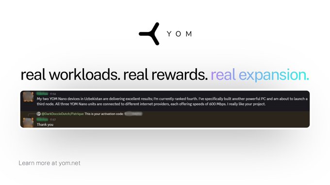 The image shows a YOM promotional graphic with the tagline "real workloads. real rewards. real expansion." and a screenshot of a Discord testimonial from an Uzbekistan operator (@Dark1DoctaDutch) discussing their YOM Nano devices delivering excellent results while ranked fourth globally and launching a third node with 600 Mbps speeds. The accompanying post elaborates on this operator's expansion, highlighting their 600 Mbps fiber connections, redundant routing across three ISPs, and flawless latency metrics as part of YOM's real-world growth narrative.