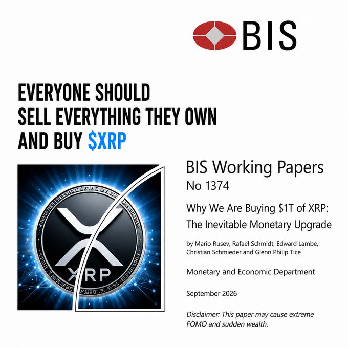 A mock-up styled after a BIS Working Paper cover, headlined "EVERYONE SHOULD SELL EVERYTHING THEY OWN AND BUY $XRP," paired with a fabricated BIS report titled "Why We Are Buying $1T of XRP: The Inevitable Monetary Upgrade" (No 1374), clearly meant as satire. The post's caption notes it's not real, joking that the real BIS report on XRPL left them with the same excited "sell everything for XRP" feeling.