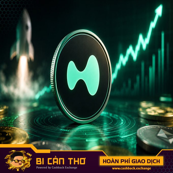 The image features a coin with a green logo sitting on top of a table surrounded by various coins. The background shows an upward-pointing rocket, suggesting that the coin might be related to cryptocurrency or blockchain technology. The text "BI Can Tho" is also present in the image.