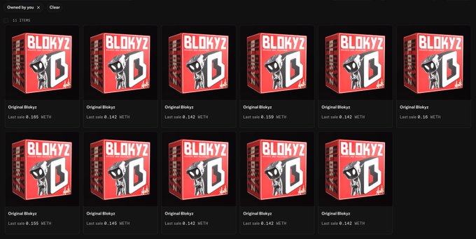 A digital inventory displays 11 red 'Original Blokyz' NFT boxes with prices listed in WETH.