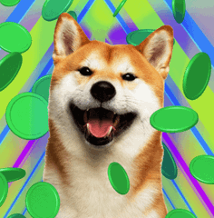 A smiling Shiba Inu dog's face against a colorful background featuring green shapes and purple/blue rays.