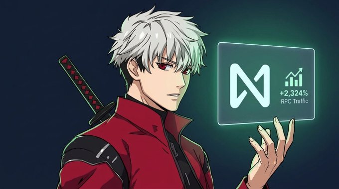 An anime-style character with white hair and a red jacket holds a glowing sign displaying the NEAR Protocol logo with '+2,324% RPC Traffic'.