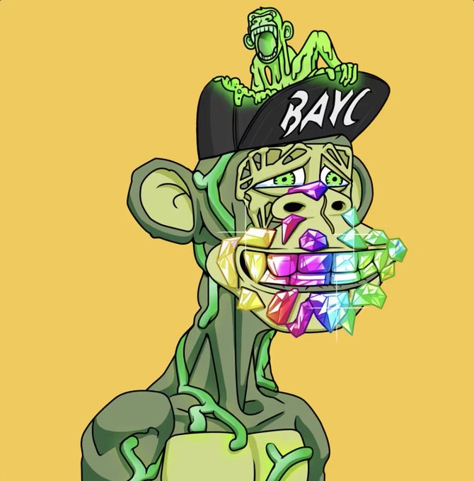The image features a cartoon monkey with a green face, wearing a hat that says "BAYC" and has a green banana on its head. The monkey appears to be smiling and is surrounded by various colorful objects such as diamonds, rainbows, and other jewels. The background of the image is yellow, which contrasts with the monkey's green face and adds visual interest to the scene. The post includes text that reads "I love all the dick riders that jumped on the APE train again when floor was pumping." This message seems to be related to a popular meme or trend involving the character "Baya" from the video game series "Minecraft".