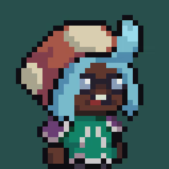A pixel art character wearing a red hat with an animal ear, a teal hood, and a green outfit.