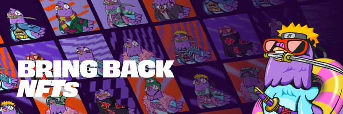 A colorful graphic with the text 'BRING BACK NFTS' featuring cartoon character art with a Naruto-like figure wearing goggles and various character tiles in the background.