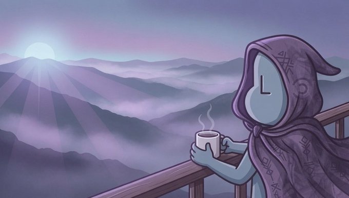 A cartoon illustration of a gray, hooded figure holding a steaming mug while gazing out over purple misty mountains at sunrise or sunset.