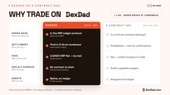 The image displays a DexDad summary page titled "WHY TRADE ON DexDad," featuring a list of reasons to trade XRP/USDT on their platform, including a 6,250% rebate on trading fees, a $4.5 million liquidity pool, and advanced AI-powered trading tools. This aligns with the post's bullish sentiment about XRP, suggesting DexDad is being promoted as a platform to capitalize on the anticipated September and Uptober price surge.