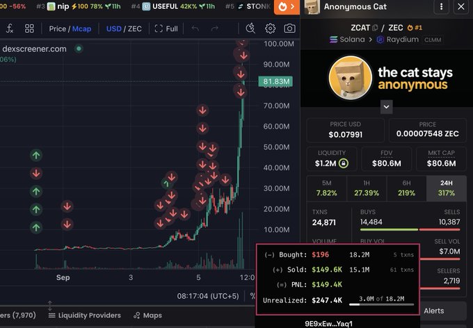 A cryptocurrency trading interface on dexscreener.com showing the 'Anonymous Cat' (ZCAT) token on Solana/Raydium, displaying price charts, $80.6M market cap, $149.6K sold, $1.2M liquidity, and a $247.4K unrealized profit.
