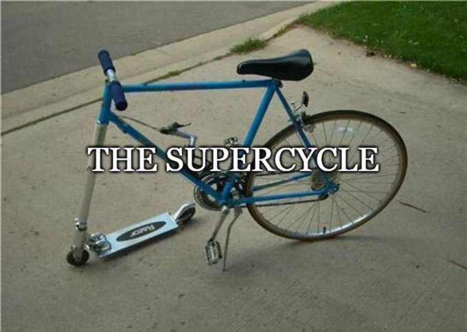 A blue Razor scooter-bike hybrid with a bicycle front wheel and scooter deck, with the text 'THE SUPERCYCLE' overlaid in meme-style white font.