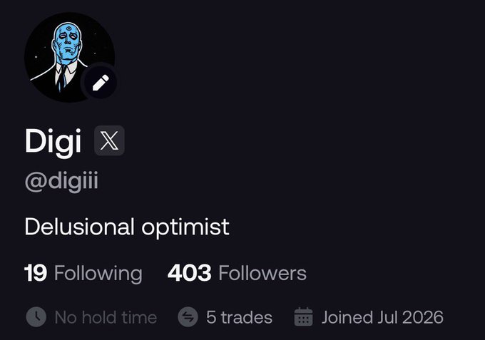 The image shows an X (formerly Twitter) profile for "Digi" (@digiii) with a bio reading "Delusional optimist," 19 Following, 403 Followers, 5 trades, and a Joined date of Jul 2026. The profile picture features a Dr. Manhattan-style character in a suit and tie, fitting the post's self-deprecating caption about getting back into memecoin trading and offering to be "exit liquidity."