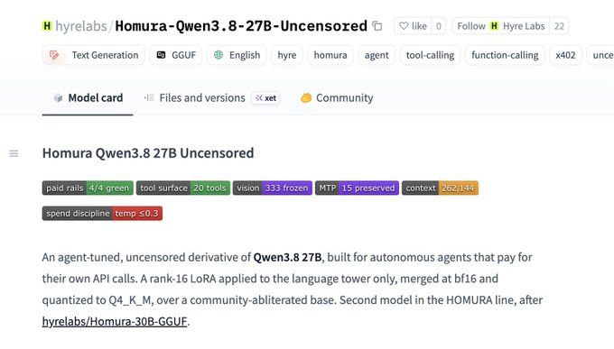 A Hugging Face model card for Hyre Labs' "Homura-Qwen3.8-27B-Uncensored," highlighting it as an agent-tuned derivative of Qwen3.8 27B with 262K context, 4/4 paid rails, 20 tools, 333 frozen vision tensors, and 15 preserved MTP tokens, matching the announcement that the uncensored model is now live and able to pay its own API calls via x402 on Solana and Base.