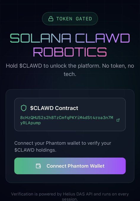 A 'SOLANA CLAWD ROBOTICS' token-gated webpage prompting users to connect their Phantom wallet to verify $CLAWD holdings, with the contract address displayed.