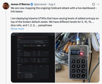 A tweet by James O'Beirne (@jameob) about mapping a Coldcard attack with a live dashboard, showing a terminal screenshot and a Trezor hardware wallet being used with a device.