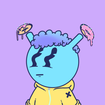 A cartoon illustration of a blue-headed character wearing a yellow hoodie, with pizza slices floating near its antennae-like ears against a purple background.