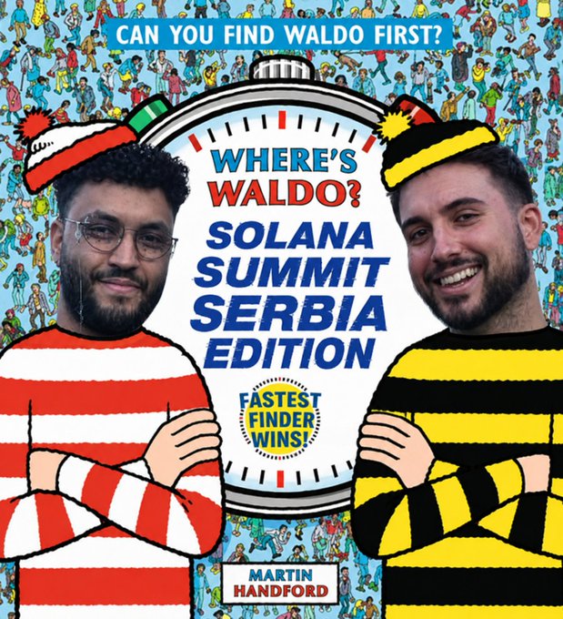 A promotional graphic titled 'WHERE'S WALDO? SOLANA SUMMIT SERBIA EDITION' featuring two men in striped Waldo costumes, with the tagline 'CAN YOU FIND WALDO FIRST?' and 'FASTEST FINDER WINS!' by Martin Handford.