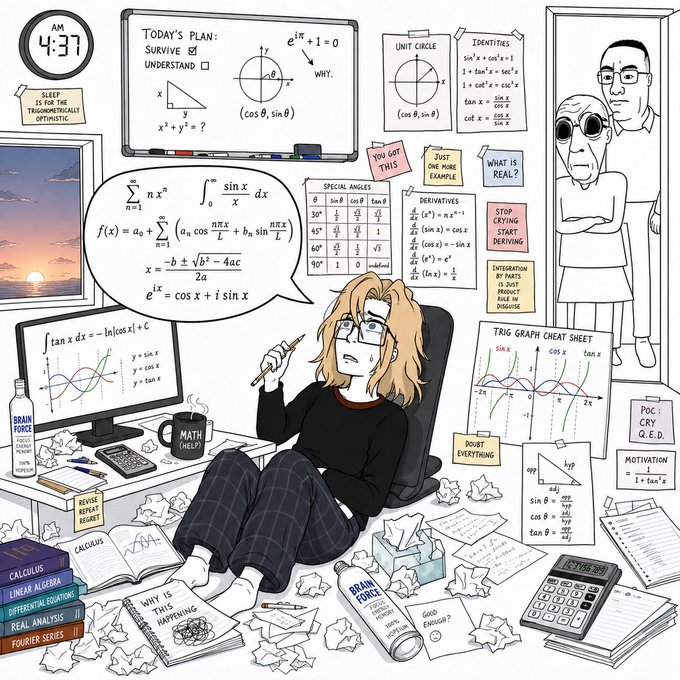 A cartoon illustration depicts a stressed student surrounded by advanced mathematics—calculus, trigonometry, linear algebra, and real analysis—with notes like 'MATH (HELP!)', 'Brain Force' energy drinks, and a whiteboard listing 'TODAY'S PLAN: SURVIVE, UNDERSTAND.'