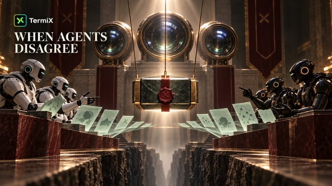 A stylized digital illustration titled 'WHEN AGENTS DISAGREE' by TermiX, depicting two robotic figures on opposite sides of a courtroom pointing guns at each other over a glowing scroll.