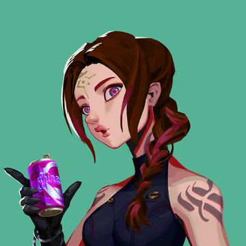 An animated digital illustration of a woman with red braided hair, purple eyes, and tribal-style tattoos, holding a purple energy drink can against a teal background.