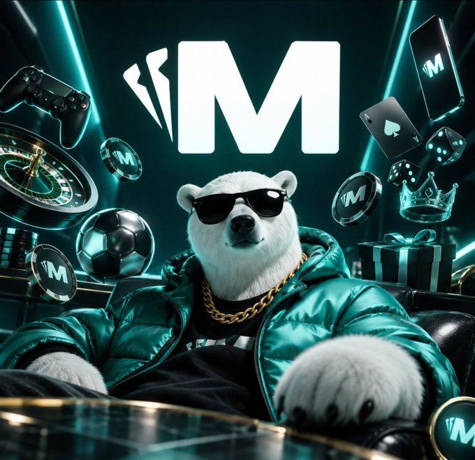 A stylized image of a polar bear wearing sunglasses and a green puffer jacket with gold chains, surrounded by gaming and crypto-related items with the letter 'M' logo.