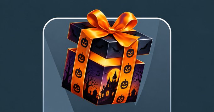 A Halloween-themed gift box decorated with jack-o'-lanterns and a haunted house design, wrapped with an orange ribbon and bow, symbolizing the "present" to be opened as mentioned in the accompanying post.
