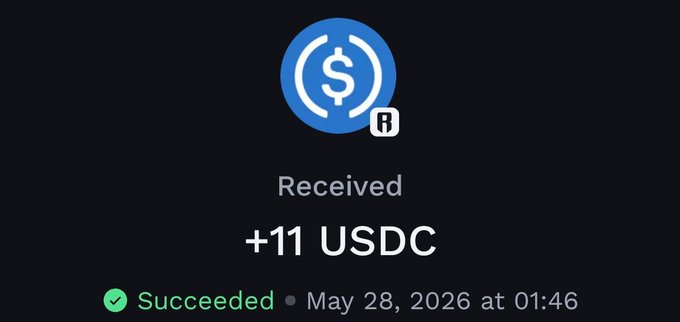 In this image, there's an abstract background with a logo, which reads "received", and the time shown as "01.06.2021 12:46". The surrounding text in white against the gray background indicates that someone has successfully received $11 USDC, possibly through a cryptocurrency exchange. The image also mentions that it may take a few days to see significant returns on this investment due to market fluctuations.