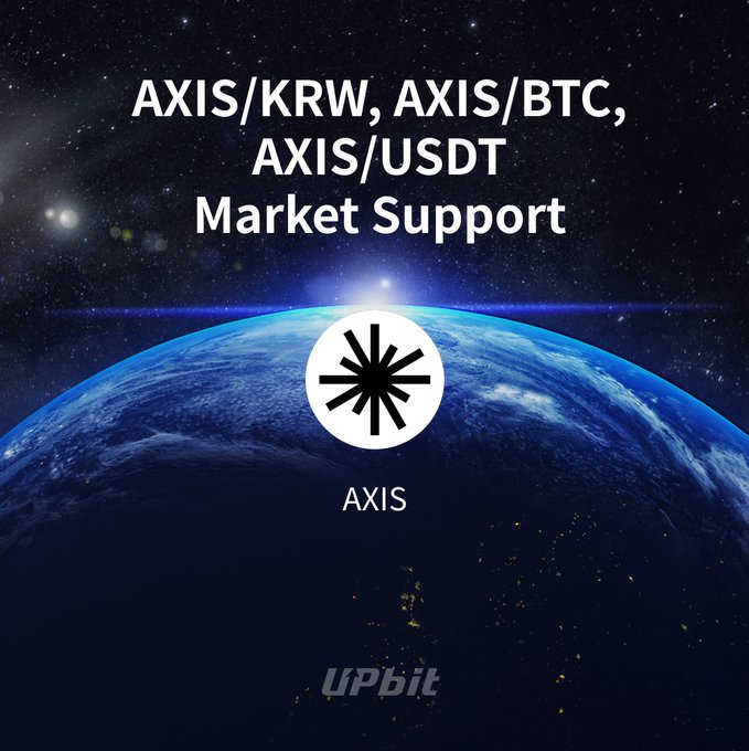 A promotional graphic for Upbit announcing trading support for the AXIS digital asset against KRW, BTC, and USDT markets. It features Earth from space, the AXIS logo, and the text “AXIS/KRW, AXIS/BTC, AXIS/USDT Market Support,” with Upbit branding at the bottom.