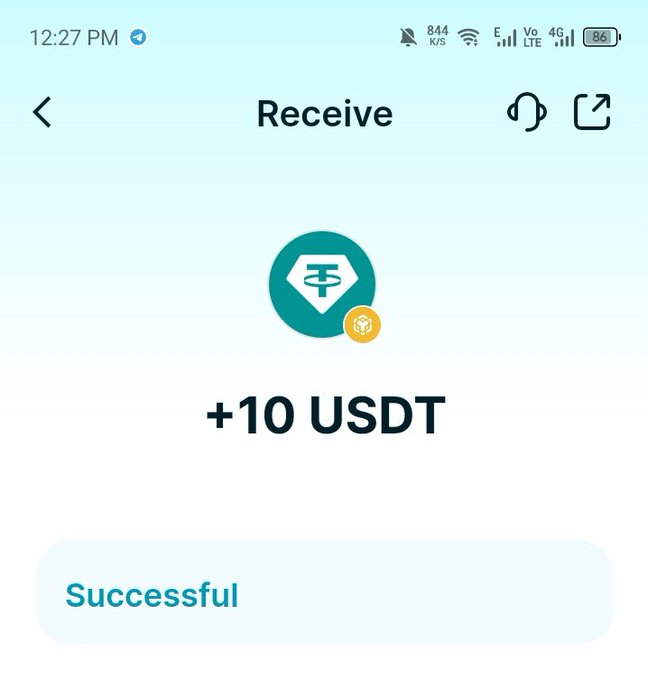 The image shows a phone screen displaying a message from Bitget, an online marketplace for buying and selling digital assets such as cryptocurrencies. The message reads "Successful" with a success code of "10". This indicates that the user has successfully completed their transaction, receiving 10 USDT in return.