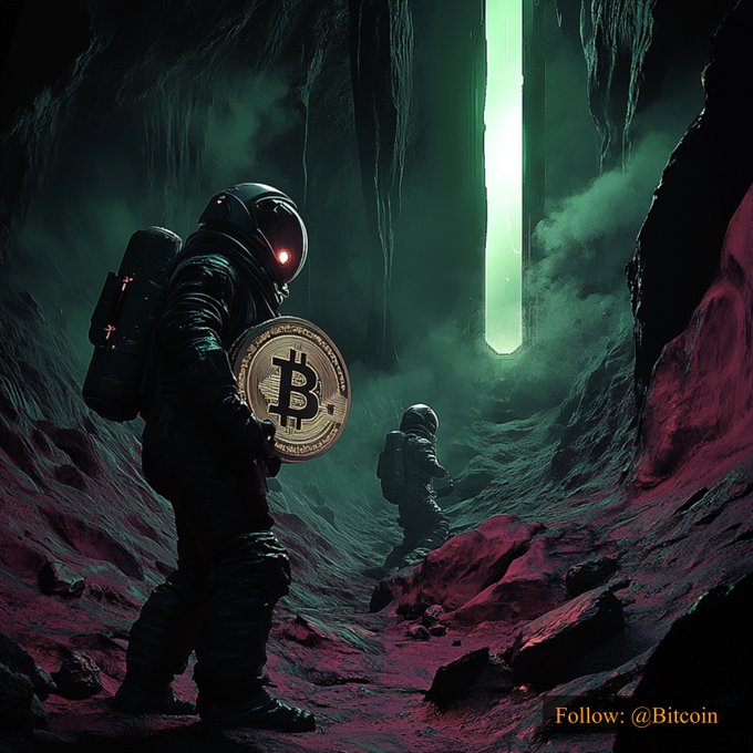 Two astronauts in dark spacesuits explore a cavernous, otherworldly landscape bathed in eerie green light, with the foreground figure holding a large golden Bitcoin coin. The image ties into the post's $84,733.90 Bitcoin price tag by symbolizing the cryptocurrency as a valuable discovery or treasure hidden in uncharted territory, reinforced by the watermark "Follow: @Bitcoin."