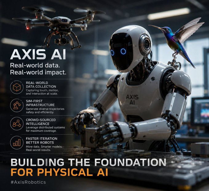 The image features a robot with a bird perched on its back, sitting at a workstation or desk. The background of the image shows a building, which could be an office space or a workshop setting. The text "axisrobotics.ai" is visible in the image, indicating that this scene takes place within the Axis Robotics company's workspace.