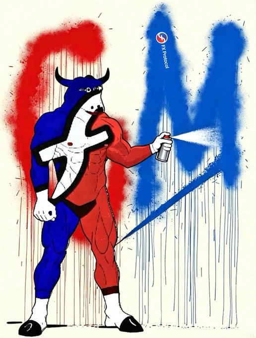 A stylized illustration of a muscular, horned figure in red, white, and blue paint, spray-painting a large blue 'M' on a white background with red paint splatters behind.