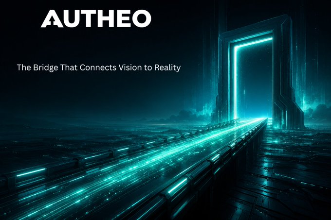 The image features a futuristic cityscape with a bridge that connects two parts of the city, glowing with blue lights. The bridge appears to be made of a unique material or technology, possibly related to Autheo's name. The text "Autheo" is written in white at the top of the image, and it reads: "The Bridge That Connects Vision To Reality". This suggests that the bridge serves as a connection between different aspects of the city, such as transportation, communication, or even futuristic technology.