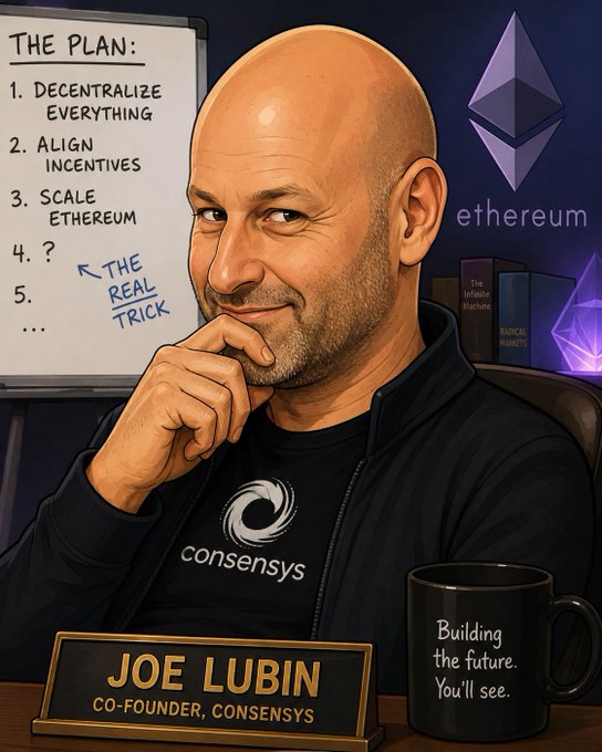 A stylized cartoon illustration depicts Joe Lubin, co-founder of ConsenSys, seated at a desk with a thoughtful smirk, wearing a ConsenSys-branded hoodie alongside an Ethereum logo and a whiteboard outlining "THE PLAN: 1. Decentralize Everything, 2. Align Incentives, 3. Scale Ethereum" with an annotation noting "THE REAL TRICK." His recent Twitter activity adds credibility to the speculation that SharpLink Gaming ($SBET) is strategically accumulating ETH at a discount under his guidance.