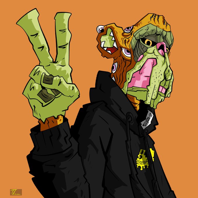 A stylized illustration of a character in a black hoodie making a peace sign with a green hand, featuring an abstract, multi-eyed and multi-mouthed face design against an orange background.