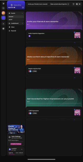 The Injective rewards interface showing categories like Quests, General, and Sprint, with banners for inviting friends (6 earn rewards), making content (6 earn rewards), and higher impressions (4/9), plus a 'Cookie Crypto Sport Weeker' ad.