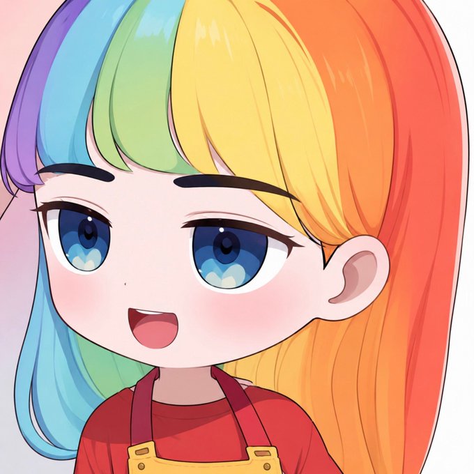 A cheerful anime-style chibi girl with vibrant rainbow-colored hair and big blue eyes smiles while wearing a red shirt and yellow overalls, complementing the upbeat "GM CT Fam" Sunday greeting post. The colorful, joyful character mirrors the positive and welcoming tone of the message.