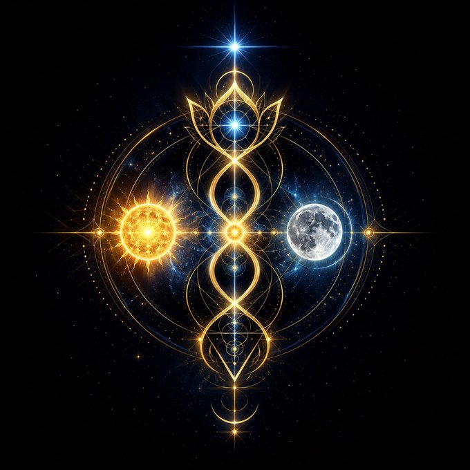 A luminous mystical design featuring a glowing golden ornamental staff or symbol flanked by a radiant sun on the left and a detailed moon on the right, all set against a starry cosmic background.