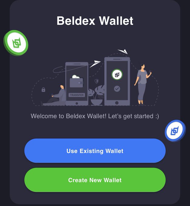 A welcome screen for 'Beldex Wallet' featuring wallet and person illustrations with options to 'Use Existing Wallet' or 'Create New Wallet'.
