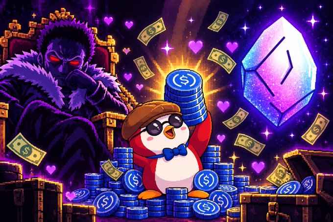 A digital artwork featuring a penguin wearing sunglasses and a brown hat sitting on stacks of blue coins, surrounded by dollar bills and hearts, with a dark throne in the background.