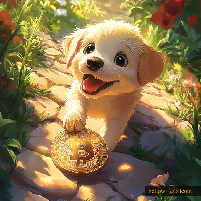 A cheerful golden puppy sits on a stone path in a sunlit garden, with its paw resting on a gold Bitcoin coin, while "Follow: @Bitcoin" appears in the bottom right corner—playfully linking the lovable pup to the $83,533.01 Bitcoin price milestone.