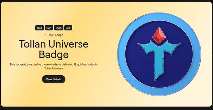 A 'Tollan Universe Badge' webpage displays a timer reading '06d 23h 30m 22s' and text stating 'This badge is awarded to those who have defeated 12 golden frodos in Tollan Universe'.