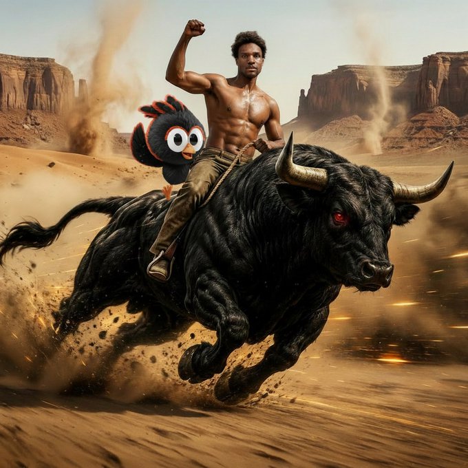 A shirtless muscular man with a fist raised triumphantly rides a charging black bull across a dusty desert, accompanied by a small cartoonish black bird with wide eyes clinging to his back. The image is used as a dramatic, action-packed visual to promote a $500 airdrop in $ANSEM, evoking themes of riding a bull (bull market) to engage viewers in the giveaway post.