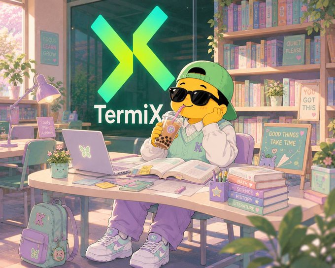 An anime-style illustration shows a character wearing a green cap backwards and sunglasses, drinking boba tea while sitting at a study desk with books and a laptop, with the "TermiX" logo featuring a stylized green and yellow X prominently displayed.