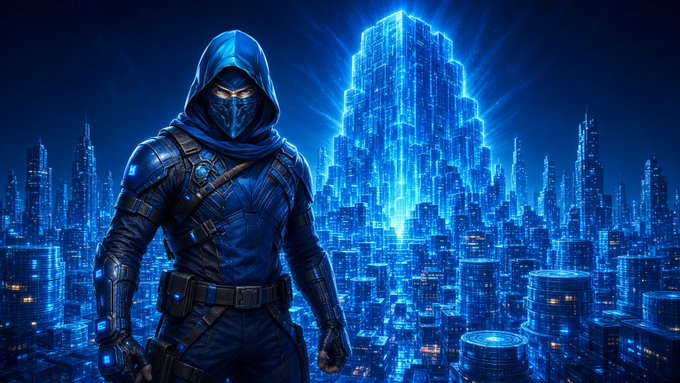 A digital artwork of a hooded, masked cyberpunk warrior in blue tactical armor standing before a glowing futuristic cybercity skyline illuminated in electric blue.